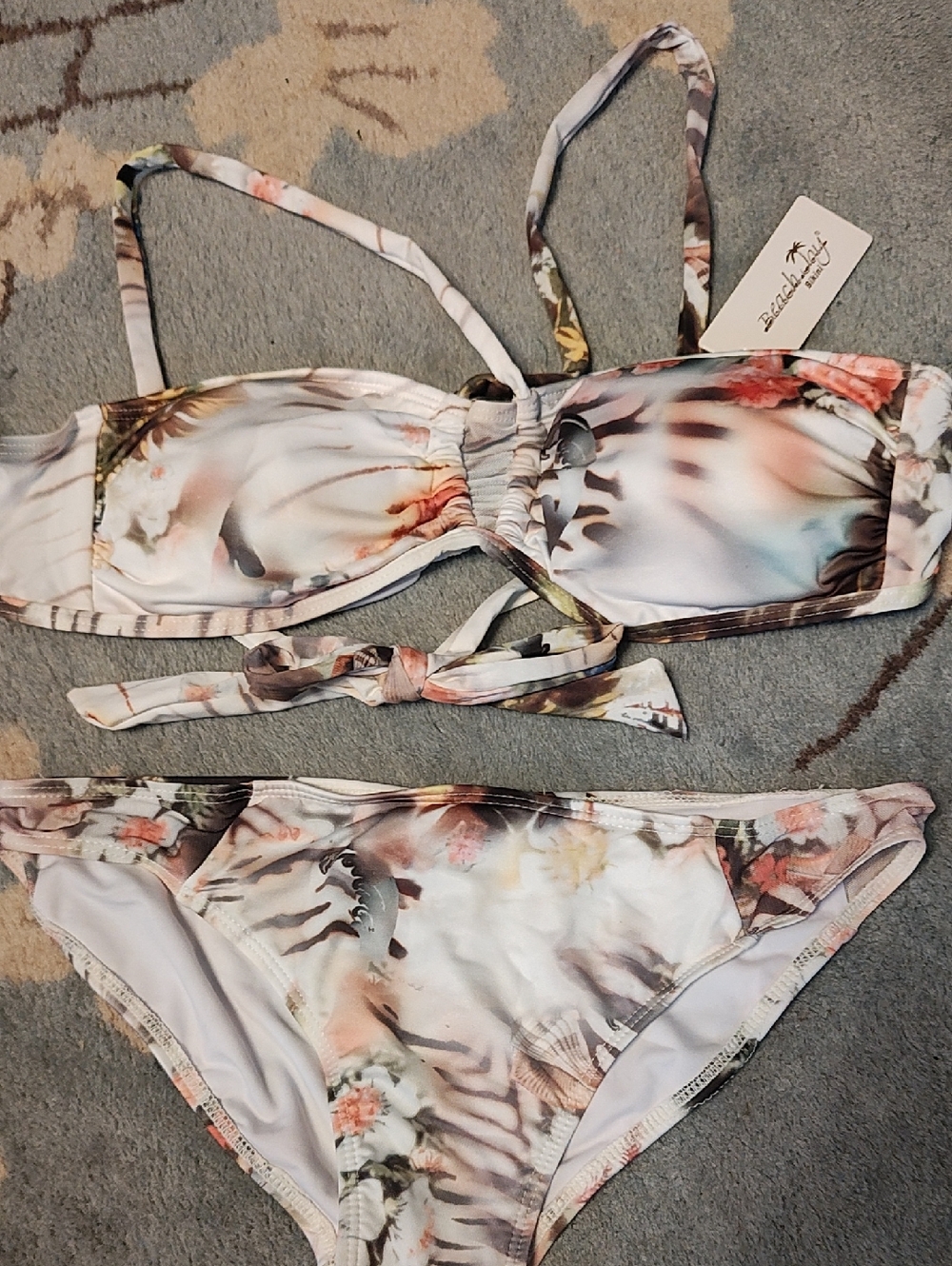Floral Watercolor Bandeau Bikini Set - White Multi
